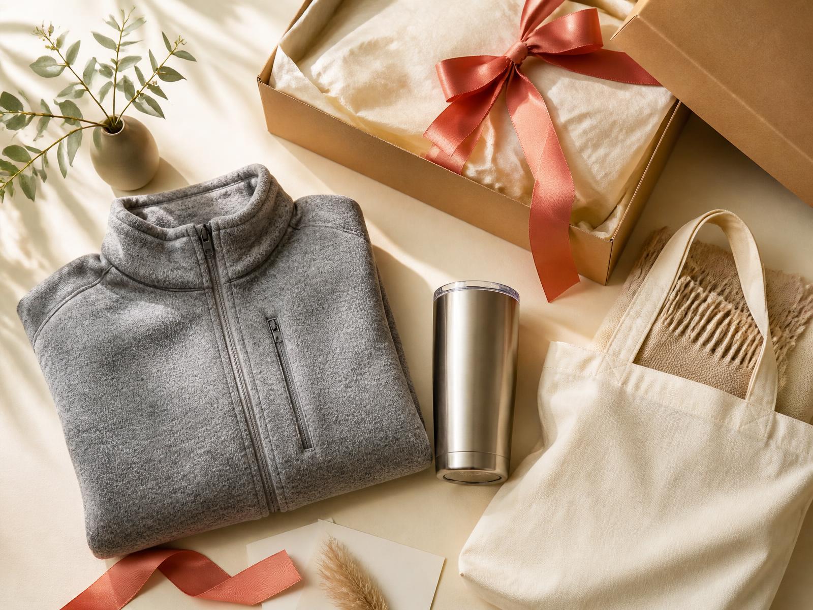 A curated corporate gift kit with premium branded merchandise